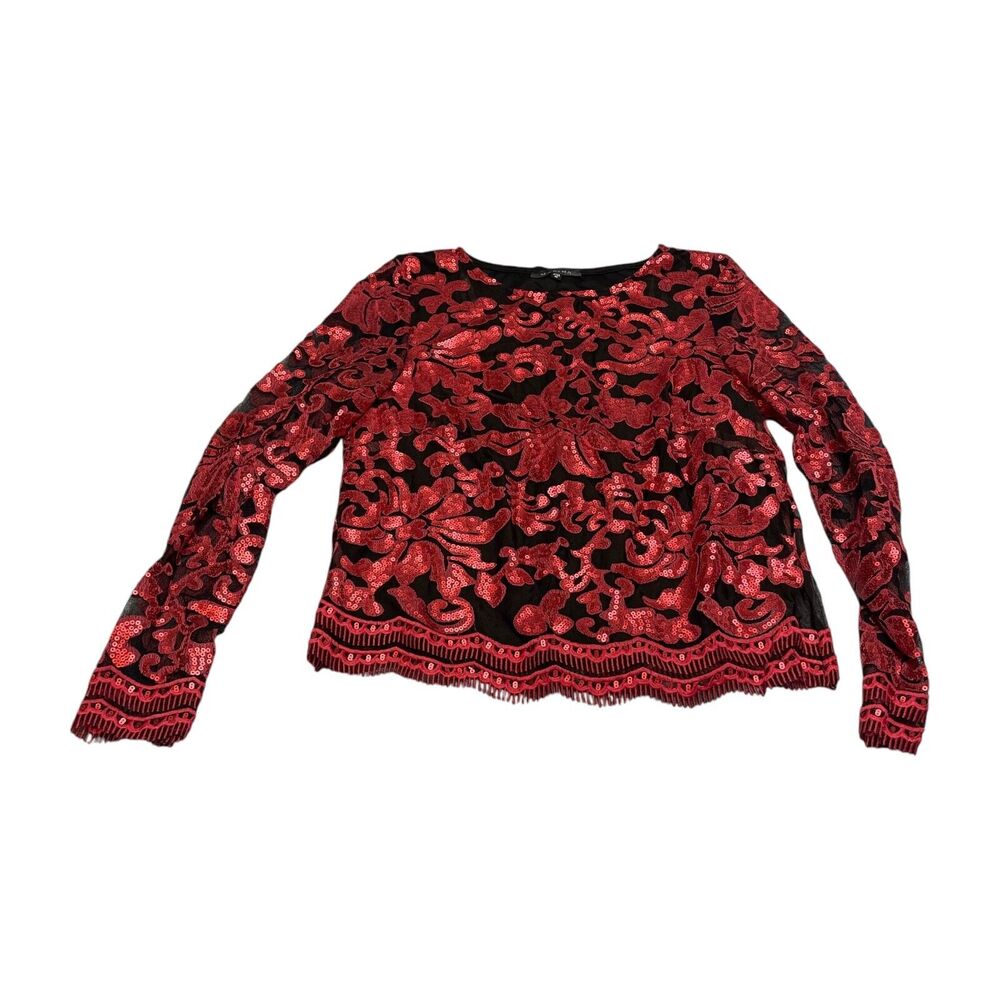 Marina Red Sequin Floral Mesh Long Sleeve Cropped Top Womens Medium - Picture 9 of 9